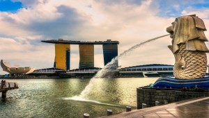 The Merlion  fountain and Marina Bay Sands, Singapore.