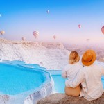 Concept,Travel,Tourist,Background,Pamukkale,Turkey.,Lover,Couple,Watching,Hot Concept,Travel,Tourist,Background,Pamukkale,Turkey.,Lover,Couple,Watching,Hot